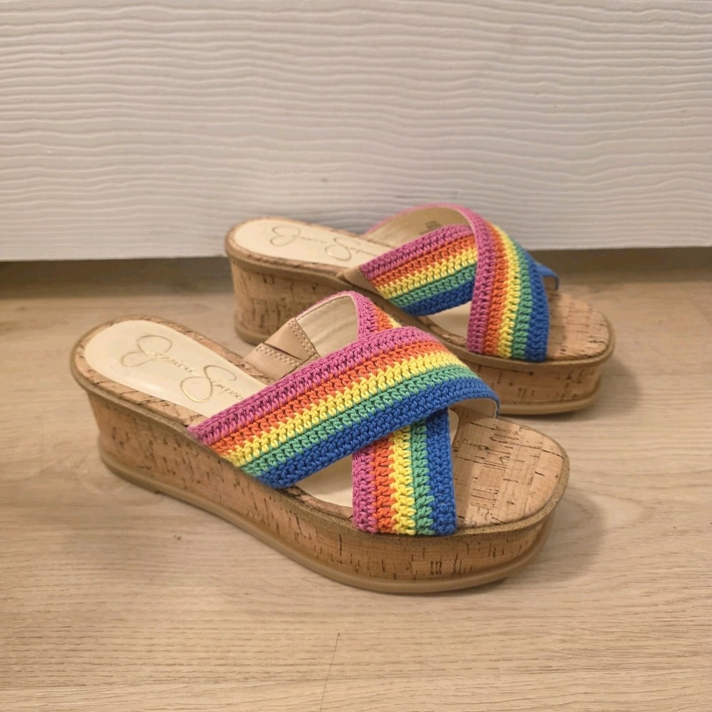 Jessica Simpson Tan Cork Rainbow Slip On Platform Wedge Ediza Sandals Size 6M